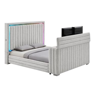 Elias Queen Bed with Immersive Sound Speaker, LED, TV Lift and Fireplace In Grey