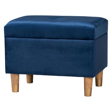 Elias Velvet Fabric Storage Ottoman In Navy Blue and Oak Brown