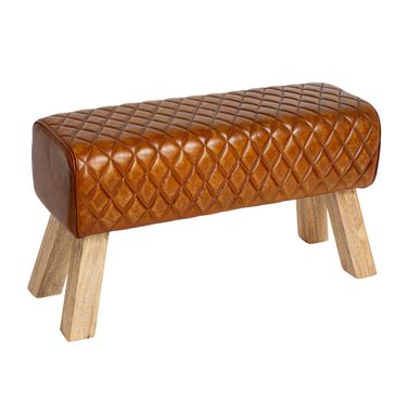 Elijah Diamond-Stitched Leather Bench with Mango Wood Legs In Camel