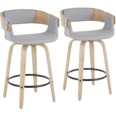 Elisa Farmhouse Counter Stool In White Washed Wood And Grey Fabric - Set Of 2