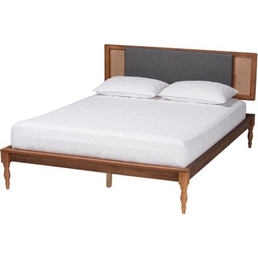 Eliseo Full Size Platform Bed In Dark Grey Fabric and Walnut Brown Finished Wood