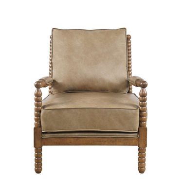 Ellsey Spindle Arm Faux Buff Leather Accent Chair In Buffed Brown