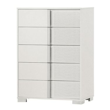 Elma 5 Drawer Chest with Metal Trim Accent Handle and Leg In White Lacquer