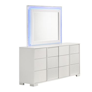 Elma 6 Drawer Dresser with Mirror and Blue Led Lighting In White Lacquer