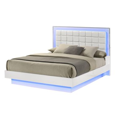 Elma Floating Queen Platform Bed with Blue Led Lighting In White Lacquer