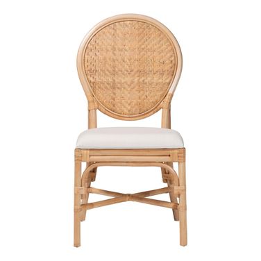 Elmer Handwoven Wicker Natural Rattan Dining Chair with Cushioned Seat In White and Natural Rattan