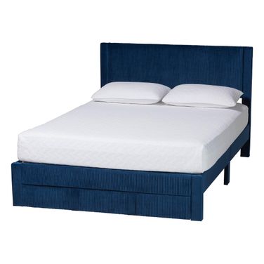 Elora Pleated Velvet Queen Size Storage Bed In Navy Blue