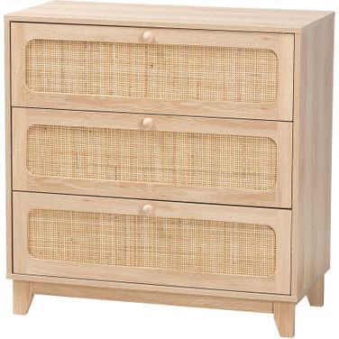 Elsbeth Wood and Natural Rattan 3 Drawer Storage Cabinet In Oak Brown
