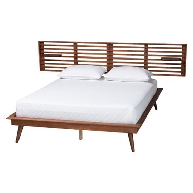Elvina Wood Queen Platform Bed with Built-In Shelves In Ash Walnut