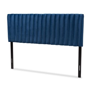 Emile Velvet Fabric Upholstered and Wood Queen Headboard In Navy Blue