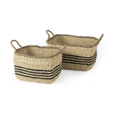 Emma Seagrass Rectangular Basket with Black Stripes Set of 2 In Light Brown