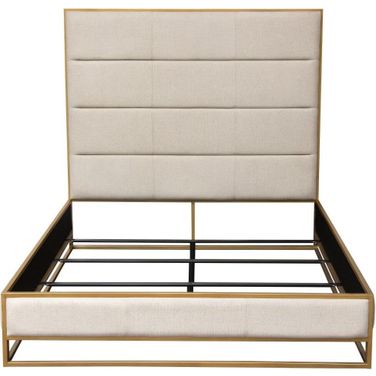 Empire Queen Bed In Sand Fabric With Hand Brushed Gold Metal Frame