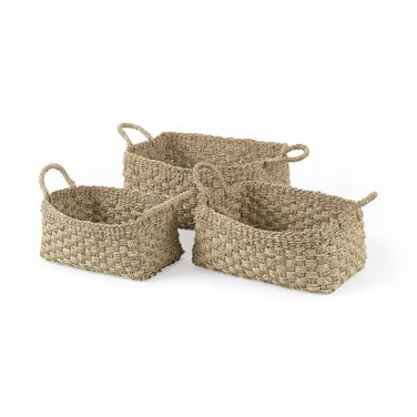 Emra Seagrass Rectangular Basket with Handles Set of 3 In Light Brown