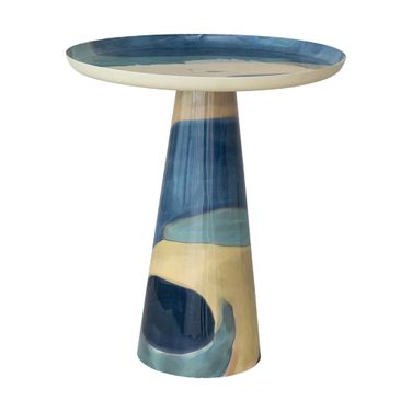 Enameled Metal Round Table with Abstract Design In Blue and Cream