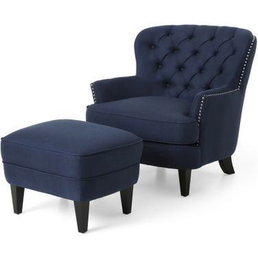 Enchante Living Room Set with Tufted Back Club Chair and Ottoman In Blue