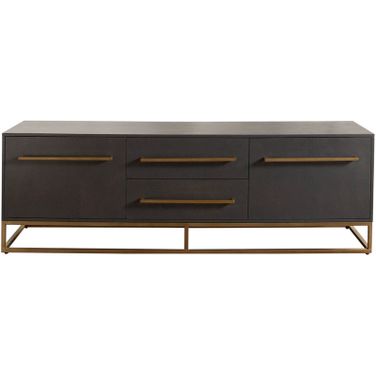 Encore Solid Mango Wood 2-Door and 2-Drawer Entertainment Cabinet In Grey Oak Finish With Gold Metal Handle and Base
