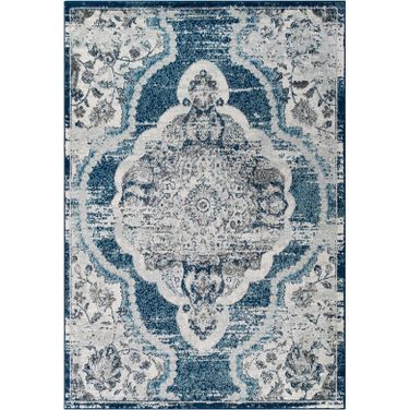 Entourage Ivory and Blue Malia Distressed Vintage Floral Persian Medallion 8x10 Area Rug