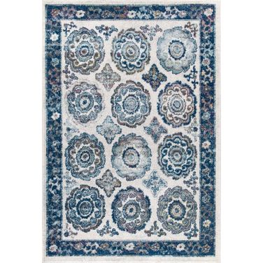 Entourage Ivory and Blue Odile Distressed Floral Moroccan Trellis 8x10 Area Rug