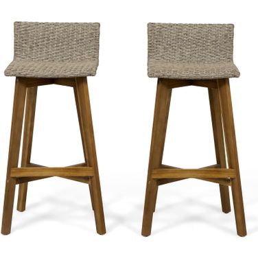 Equinox Outdoor Barstool with Rattan Wicker Top and X-Stretcher Frame In Brown - Set of 2