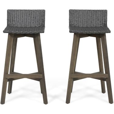 Equinox Outdoor Barstool with Rattan Wicker Top and X-Stretcher Frame In Grey - Set of 2
