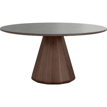 Eric 53 Inch Round Dining Table With Marbled Ceramic Top In Walnut and Gray