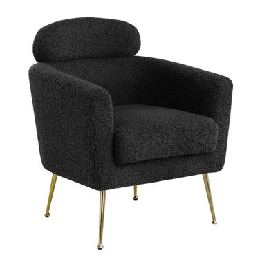 Erick Accent Leisure Chair with Pillow Rest In Black Faux Fur Fabric and Gold Chrome Legs