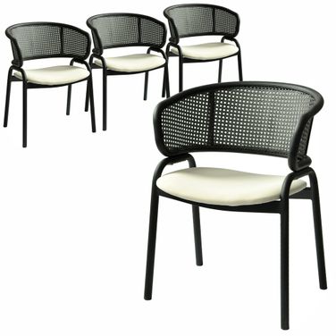Ervilla Dining Armchair In Black Steel Frame with Black Wicker Back and Beige Seat Set of 4