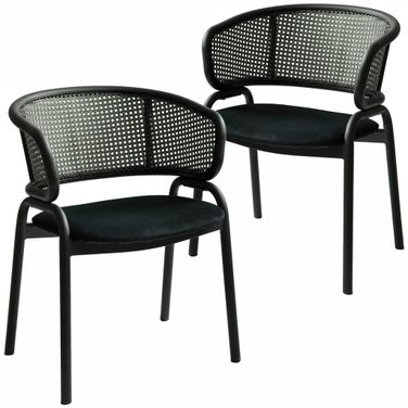 Ervilla Dining Armchair In Black Steel Frame with Black Wicker Back and Black Seat Set of 2