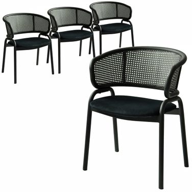 Ervilla Dining Armchair In Black Steel Frame with Black Wicker Back and Black Seat Set of 4