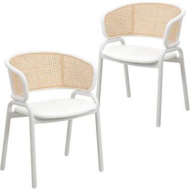 Ervilla Dining Chair Set of 2 with Steel Legs and Wicker Back In White