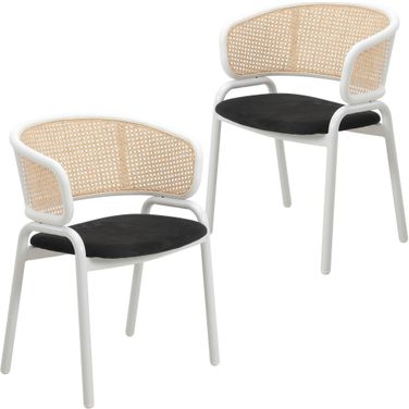 Ervilla Dining Chair Set of 2 with White Steel Legs and Wicker Back In Black