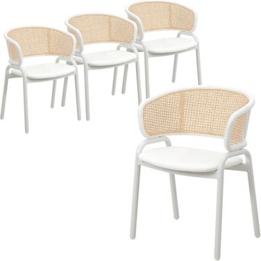 Ervilla Dining Chair Set of 4 with Steel Legs and Wicker Back In White