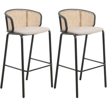 Ervilla Wicker Bar Stool Set of 2 with Fabric Seat and Black Steel Frame In Beige