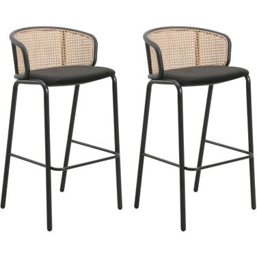 Ervilla Wicker Bar Stool Set of 2 with Fabric Seat and Steel Frame In Black