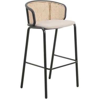 Ervilla Wicker Bar Stool with Fabric Seat and Black Steel Frame In Beige