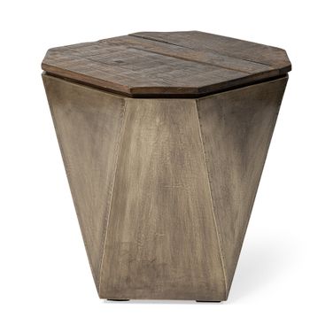 Esagono Gold Metal Clad Reclaimed Wood Octagonal End Side Table with Storage In Dark Brown