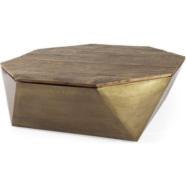 Esagono Octagonal Gold Metal-Clad Reclaimed Wood Coffee Table With Storage
