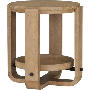 Escape Round End Table with Shelf In Glazed Natural Oak Black Metal Trim