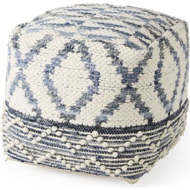 Eshana Wool and Denim Patterned Pouf In Cream