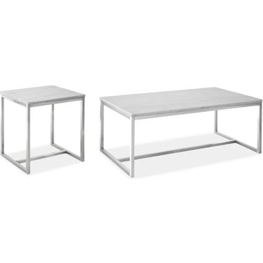 Esme Rectangular Occasional Table Set In White Marble and Brushed Nickel