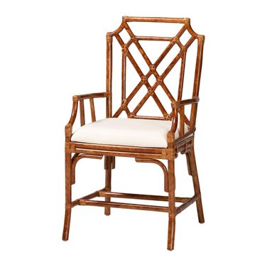 Esmery Marbled Tortoise Natural Rattan Dining Arm Chair In White and Brown