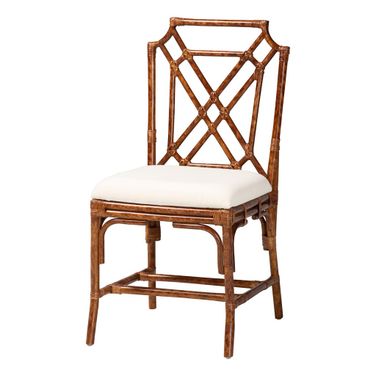 Esmery Marbled Tortoise Natural Rattan Dining Side Chair In White and Brown