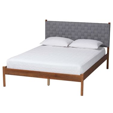 Estela Woven Fabric and Wood Queen Platform Bed In Walnut Brown and Grey