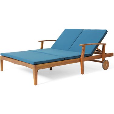 Etherealize Outdoor Adjustable Double Chaise Lounge with Water-Resistant Cushions In Teak and Blue
