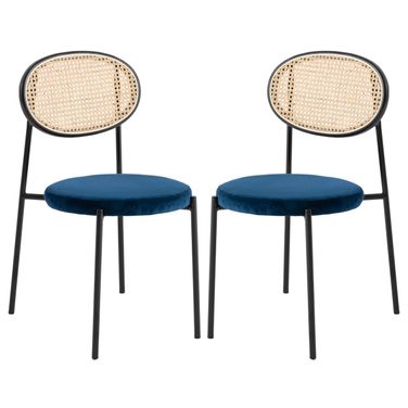 Euston Modern Wicker Dining Chair Set of 2 with Velvet Round Seat In Navy Blue