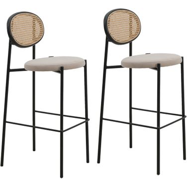Euston Wicker Bar Stool Set of 2 with Black Steel Frame In Beige