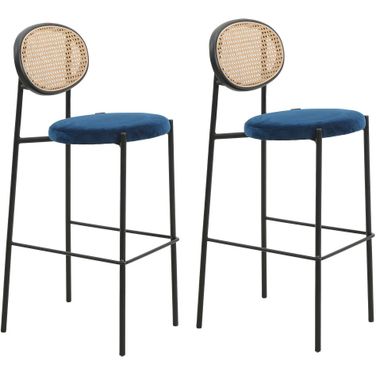 Euston Wicker Bar Stool Set of 2 with Black Steel Frame In Navy Blue