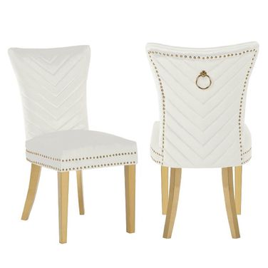 Eva Velvet Fabric Dining Chair Set of 2 In Beige and Gold