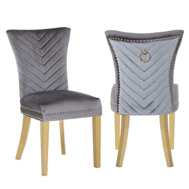 Eva Velvet Fabric Dining Chair Set of 2 In Dark Gray and Silver