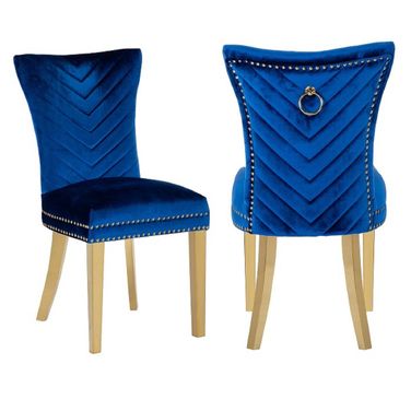 Eva Velvet Fabric Dining Chair Set of 2 In Navy and Gold